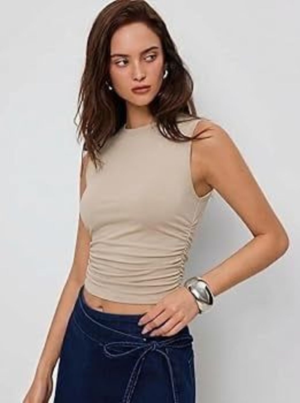 Cider Beige Ribbed Side Ruched High Neck Sleeveless Fitted Cropped Tank top S